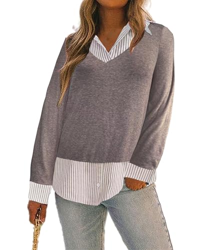 Image of Oyamiki Women's Casual Collared Curved Hem 2 in 1 Pullover Tops Plaid Contrast Shirt Blouse