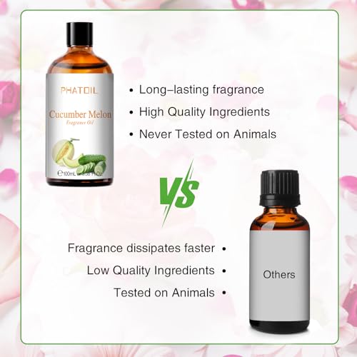 PHATOIL 3.38FL.OZ Cucumber Melon Fragrance Oils for Aromatherapy, Essential Oils for Diffusers for Home, Perfect for Diffuser, Yoga, Skin Care, DIY Candle and Soap Making - 100ml