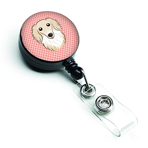 Caroline's Treasures BB1212BR Checkerboard Pink Longhair Creme Dachshund Retractable Badge Reel for Nurses ID Badge Holder with Clip Retractable Employee Badge Holder, Belt Clip, Multicolor