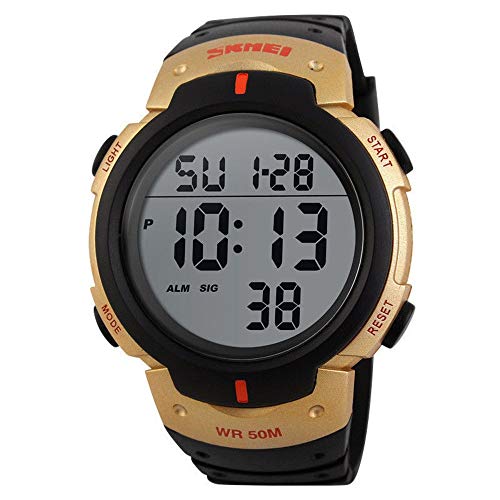 Orologio sportivo digitale da uomo con schermo LED grande viso orologi militari e impermeabile casual luminoso cronometro allarme semplice orologio dell'esercito (oro), Cinghia