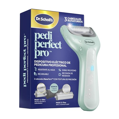 Dr. Scholl's Pedi Perfect Pro Pedicura Eléctrica Profesional para Pies – Elimina Callos y Durezas, Lima Eléctrica para Talones, Fresa Recargable e Impermeable, 3 Cabezales, Recogepolvo