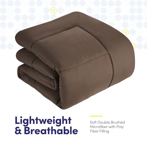 Sweet Home Collection 5 Piece Comforter Set Bag Solid Color All Season Soft Down Alternative Blanket & Luxurious Microfiber Bed Sheets, Brown, Twin XL
