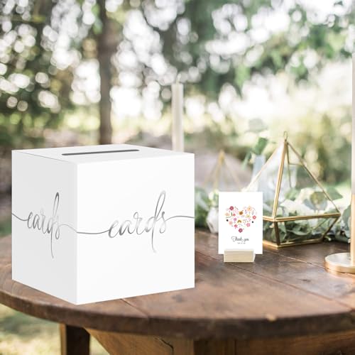 Image of White Card Box with Silver Foil Design, Paperboard 8.7 inch Card Box for Birthday Wedding Party Graduation Retirement Anniversary Valentine's Day & Baby Showers, Raffle or Money Box