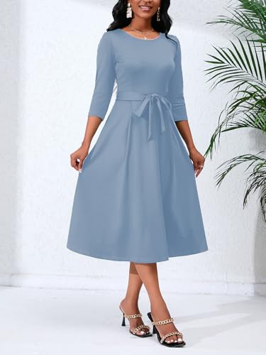 Image of Women's Caual Midi Dress 3 /4 Sleeve Crewneck A-line Swing Dress for Women with Belt for Wedding Guest & Cocktail Party Sky Blue Small