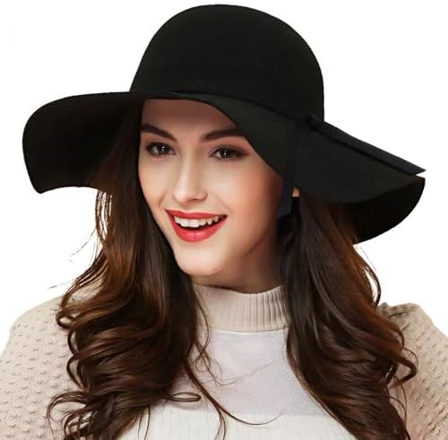 Women's 100% Wool Foldable Wide Brim Retro Fedora Floppy Felt Bow...