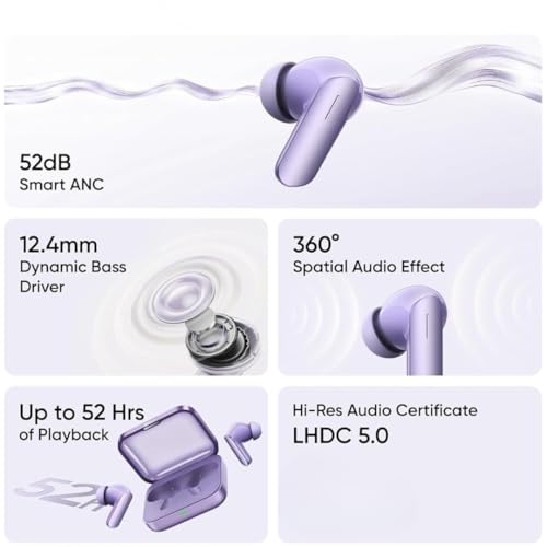 Image of for Buds Air 7 Compatible with Realme 12.4mm Dynamic Bass Drivers,52Hrs Playtime, 52dB Hybrid ANC, 45ms Low Latency, 360 Spatial Audio, Hi-Res LHDC, IP55 Dust & Water Resistant, BT v5.4-Purple
