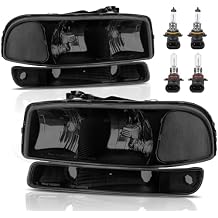 KUIPERAUTO Headlight Assembly Front Lamp Compatible with 1999-2006 GMC Sierra 1500 2500, 2000-2006 GMC Yukon with Black Housing/Smoked Lens/Clear Corner with Bulbs