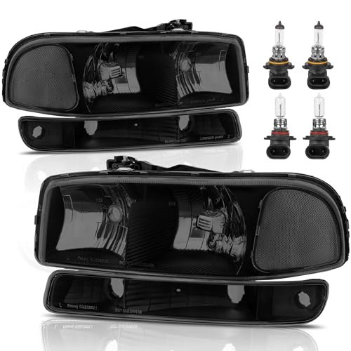 KUIPERAUTO Headlight Assembly Front Lamp Compatible with 1999-2006 GMC Sierra 1500 2500, 2000-2006 GMC Yukon with Black Housing/Smoked Lens/Clear Corner with Bulbs by KUIPERAUTO - Used condition - US$60.94
