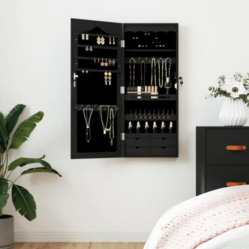 Sufrk Armario joyero con espejo de pared negro 37,5 x 10 x 90 cm, armario joyero, espejo de pie de longitud completa, organizador para joyas con cerradura