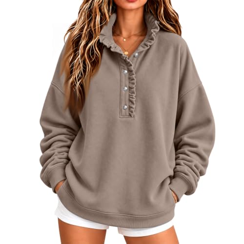 Mock Neck Sweatshirt Women Oversized Fall Ruffle Henley Sweater Pullover - image 6