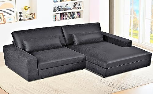 Container Furniture Direct Luxe Modern 2-Piece Chaise Sectional: Solid Wood Frame, Durable Leather Look Fabric, for Lasting Style and Comfort, Black - Right Facing