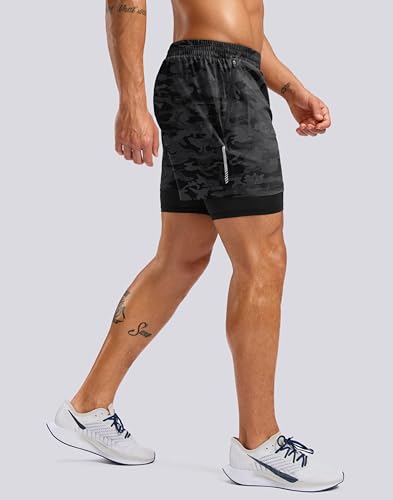 Pudolla Men's 7" Running Shorts with Zipper Pockets Quick Dry 2 in 1 Workout Gym Shorts with Liner for Tennis Yoga Training(Black Camo X-Large) — view 5