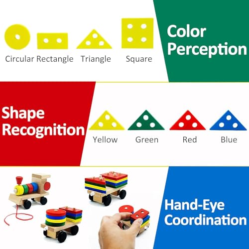 Image of SHINETOY Wooden Railway Train Toddler Toy, Rail Wooden Blocks for 1-3 Year Old Boys Girls, Montessori Sorting Stacking, Preschool Educational Toy for Kids