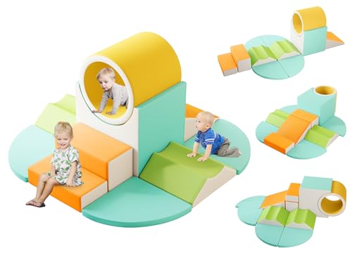 Image of MOOITZ Soft Play Climbing for Toddlers, 10pcs Foam Climbing Blocks for Toddlers for Nursery, Living Room, Baby Climbing Blocks with Tunnel for Climb,Crawl and Slide (Orange)