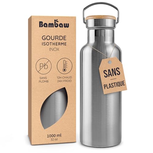 Bambaw Bouteille Inox 1l, Gourde Isotherme Sport, Bouteille Isotherme 1l en Acier Haute Qualité, Pour Boissons Chaudes ou Froides, Idéale au Travail, à l'École ou à la Salle de Sport (Acier Naturel)