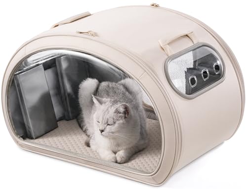 Pecute Cat Cooling House, with Cooling Mat for Small Dogs, Indoor Cat bed with insulation and 6 built-in ice packs, Foldable Transparent Window Outdoor Cat House for Small Pets Under 13.2lbs, Cream, M