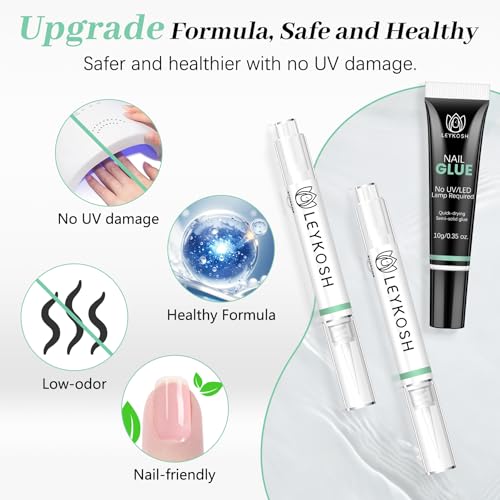 Image of Leykosh Nail Glue for Press Ons 10g & 2*5ml Nail Glue Remover Pens, 10s Quick Dry Semi Solid Glue on Nails No Lamp Needed, 28+ Days Strong Hold, Damage Free Easy Off, Not for Gel Polish or UV Curing