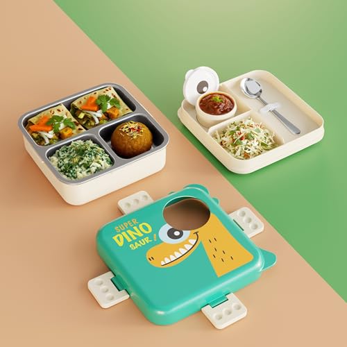 Image of Darkpyro Super Dinosaur Cartoon Kids Lunch Box with Compartments - Air Vent, Spoon, Sauce Container & Stainless Steel Tray - Green Dinosaur Design (1100ml+50ml)