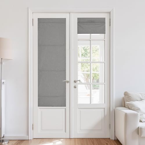 NICETOWN 100% Blackout No Drill Roman Shades for Windows & French Door, Linen Blend Cordless Door Curtain with Magnetic Lift, Easy Install Privacy Window Blind, Gray, W 24 x L 64, 1 Panel