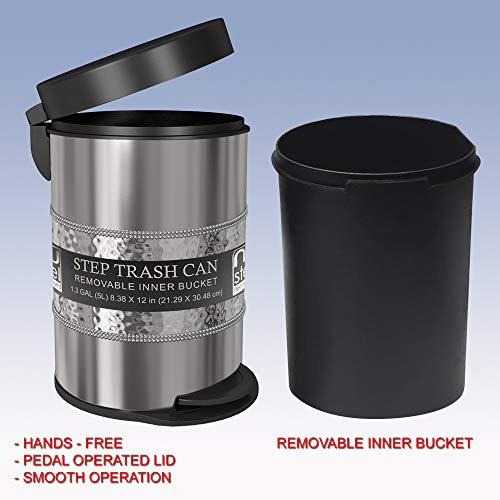 Nu Steel 5 Liter Round Small Metal Step Trash Can Wastebasket, Garbage Container Bin - For Bathroom, Powder Room, Bedroom, Kitchen, Office - Removable Liner Bucket - 8" X 8" X 12" – Shiny Steel #TOP5