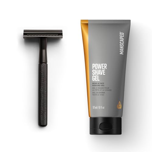 MANSCAPED® The Plow® 2.0 & Power Shave Gel, Men's Face Shaving Bundle with Single Blade Safety Razor and Soothing Face Shaving Gel with Liquid Exfoliants to help Defend Against Ingrown Hairs, 6 fl oz