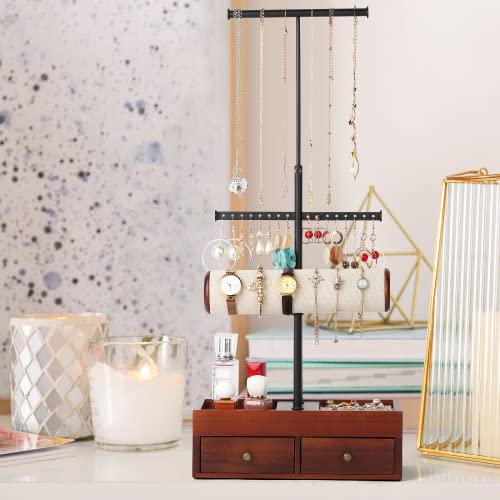 Mxarltr Jewelry Organizer Stand Holder - Jewelry Necklace Stand Double Wooden Drawer Box Earring Bracelet Holder Jewelry Tower Tree Display For Girls Women Ring Watch Jewelry Storage Rack Walnut #TOP5
