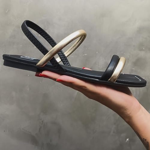 Sandália Rasteirinha Feminina Moleca- Preto/Dourado