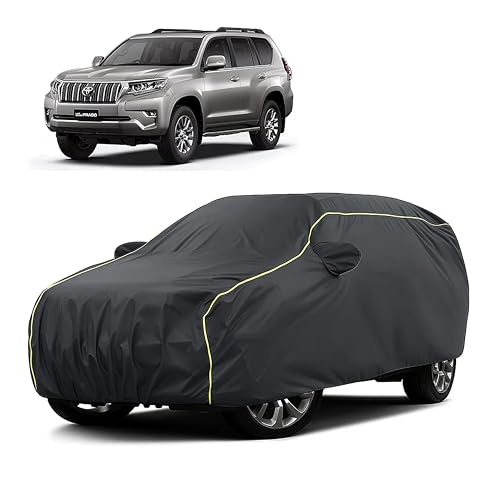 Image of Sulfar 100% Water Resistant Car Body Cover Compatible with Mirror for Toyota Land Cruiser Prado (Triple Stitched, Full Bottom Elastic, Dark Grey Taffeta with Yellow Piping)