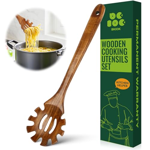 Natural Nonstick Teak Wood Pasta Fork, Noodle Spaghetti Spoon Server, Handmade Strainer Slotted Spoon Skimmer Spoons (Pasta Fork)