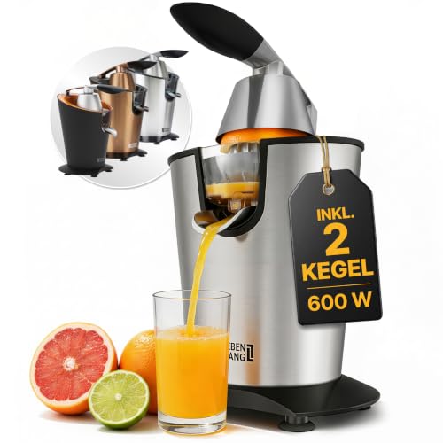 LEBENLANG Saftpresse elektrisch 600W - Inkl. Edelstahlkegel & BPA-Frei I Hohe Ergiebigkeit I Orangenpresse Zitruspresse Zitronenpresse Orangensaftpresse I Orange Juicer Press Zitronen