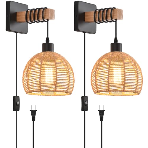 Applique murale rotin boho ensemble 2, luminaire rustique chambre