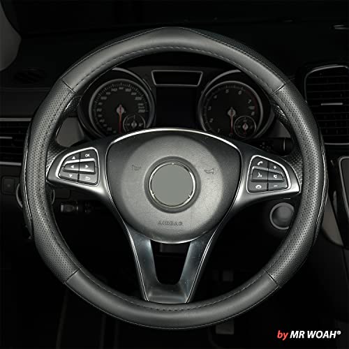 High End Genuine Premium Leather 14.5 Inch Steering Wheel Cover For Cars, Suvs, And Trucks, Universal Fit, Breathable, Perforated, Anti-Slippery, Sweat Absorbing (Black/Black, 14.5 Inches) #TOP7