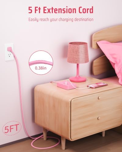 DEPOW Pink Flat Plug Power Strip, 5Ft Extension Cord with 6 Outlets 4 USB - 3