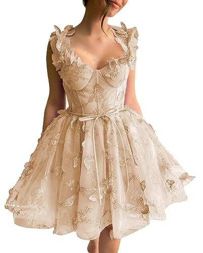 Robe de soirée en tulle papillon 3D femme chic champagne taille 46