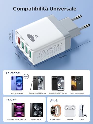 Caricatore USB, 4 Porte Caricatore USB da Muro 40W QC 3.0 Carica Rapida CaricabatterieUSB Multiplo Alimentatore PresaUSB per iPhone 15 14 13 12 11 X, Samsung Galaxy S21 S20 A71 A51, Xiaomi, Huawei - 6