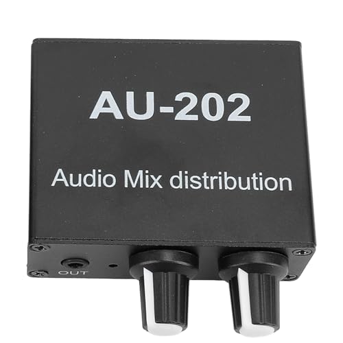 Stereo Distributor Mixer, DC 5?24V 3.5mm Metal Construction Small Sound Amplifier Mixer 2 in 2 Out Portable Low Noise Independent Volume Control for Speaker