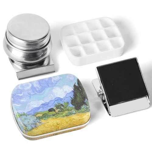 Portable Mini Tin Box,12-Well Empty Watercolor Palette,Small Paint Storage Travel Artist Outdoor Sketch Watercolor Kits with Magnetic Clip and Oil Pot.Wheat Field