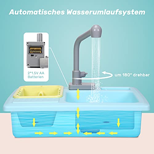 cute stone Küchenspüle Spielzeug Set mit warmbarem Wasser-Recycling Wasserhahn und Waschbecken, Wärme Farbwechsel Geschirr Set, mit Obst-Schneiden für Kinder ab 3 Jahre (Blau)