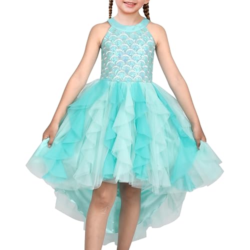 Girls Halter Dress Turquoise Ruffle Tiered Mermaid Sequin Pageant...