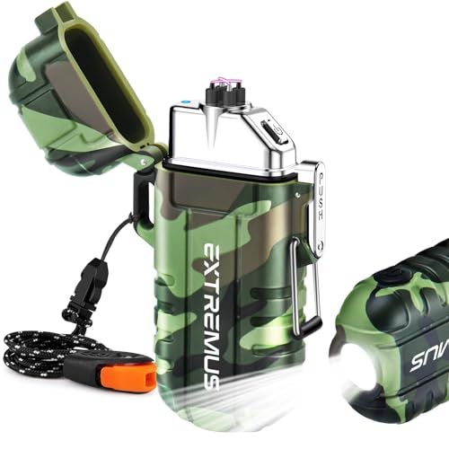 Extremus Blaze 360 Windproof Lighter, Waterproof Lighter with Flashlight, USB Rechargeable Flameless Lighter, Dual Arc Plasma Electric Lighter with Survival Whistle & Lanyard Camping Tactical Gear