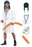 Mainfini 4 Pcs Men’s Holiday Cousin Robe Costume Set White Satin Bathrobe with Trapper Hat Belt Pipe Comfortable Pajamas Set XL