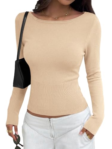 KIRUNDO Sweaters for Women Fall Lightweight Long Sleeve Tops,Apricot,M