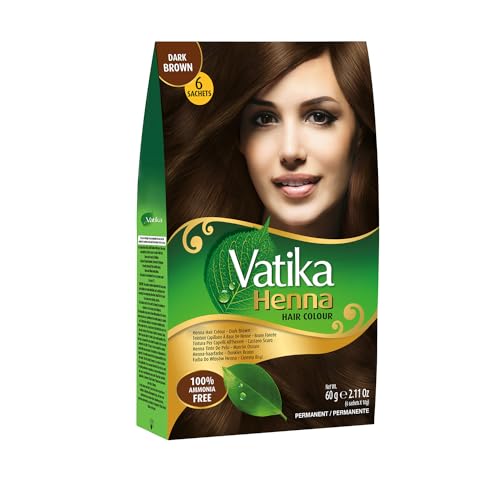 Vatika Henna Coloración Marrón Oscuro - 6 bolsitas de 10 g Henna y café bio para un color intenso, granada para el brillo Nutre y fortalece el cabello, color duradero
