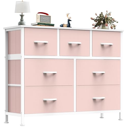 OLIXIS 7 Drawer Fabric Dresser, Storage Tower for Bedroom and Closet | Pink Easy-Pull Bins for Closet Organizers, Chest of Drawers with Sturdy Steel Frame & Wooden Top for Living Room, Entryway