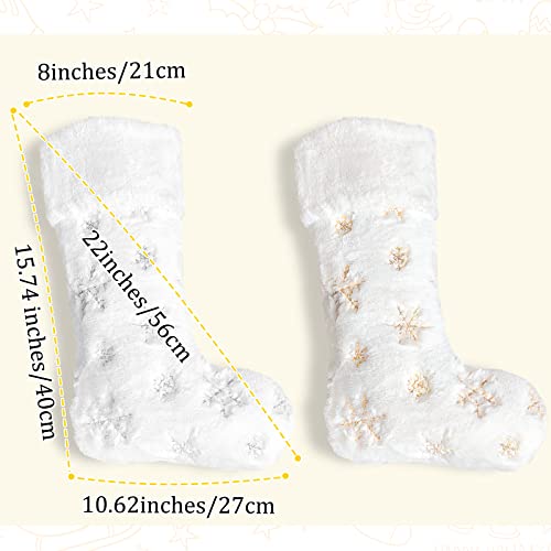 Deggod 2 Pack Snowy White Christmas Stockings With Faux Fur, Plush 22 Inches Xmas Stocking With Gold Embroidered Snowflake Hanging Ornaments For Home Xmas Party Decoration #TOP1