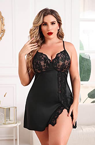 Avidlove Plus Size Lingerie For Women Sexy Satin Nightgown Lace Babydoll Side Slit Strappy Chemise Nightwear3