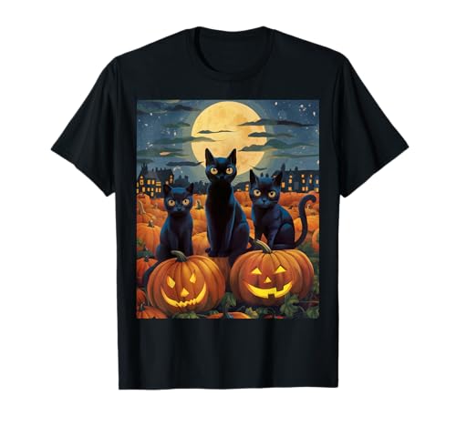 Black Cat Halloween Cat Lovers Starry Night Cat Van Gogh Cat Camiseta