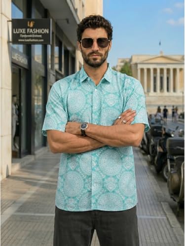 Image of BROWN CULTURE Casual Loose Fit Shirt for Men | Premium Cotton Blend Oversized Printed Shirts | Trendy Half Sleeve Relaxed Fit Shirt | Modern Graphic Fashion Top for Men