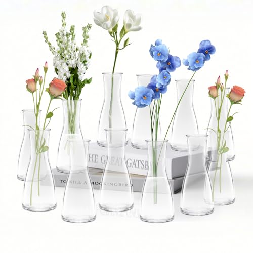 LUOJINYI Kleine Vasen, 12 Stück Glas Vasen Klein Tischdeko für Hochzeitsdeko, Kleine Glasvasen Flower Glasfläschchen für Tischdeko Mittelstücke, Hochzeitsdekorationen