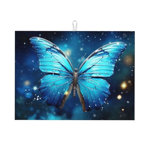 Tapete de secado de platos con estampado de mariposa estrellada azul para encimera de cocina, tapete absorbente de microfibra para escurridor de platos, tapete grande de secado de platos, lavable,